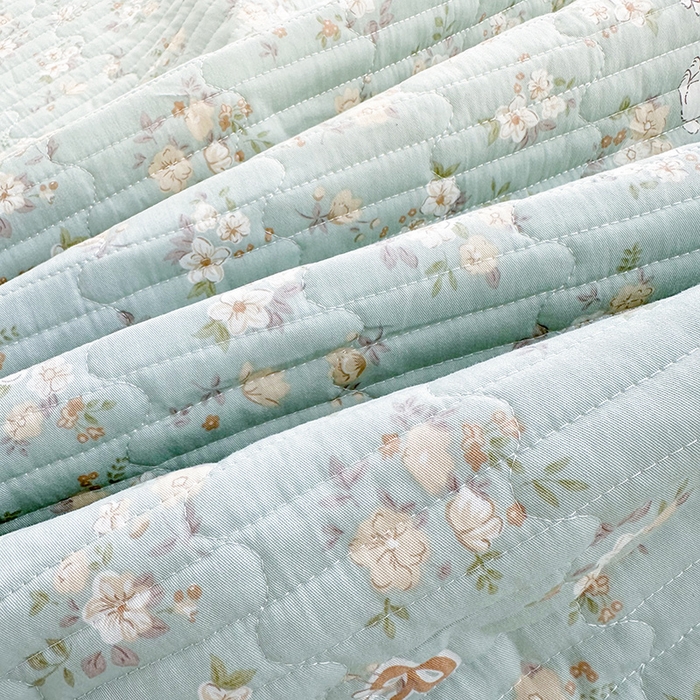 91家纺网 家纺一手货源 找家纺 罗艺轩 2025新款全棉印花花边床盖三件套 花蜜-绿