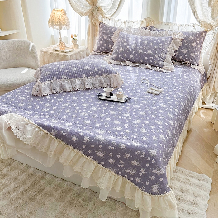 91家纺网 家纺一手货源 找家纺 罗艺轩 2025新款全棉印花花边床盖三件套 花之恋