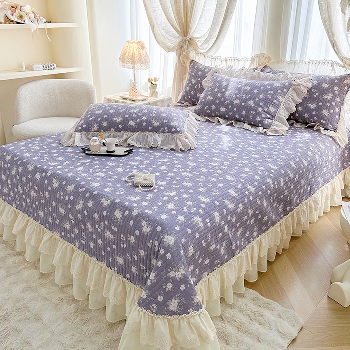 91家纺网 家纺一手货源 找家纺 罗艺轩 2025新款全棉印花花边床盖三件套 花之恋