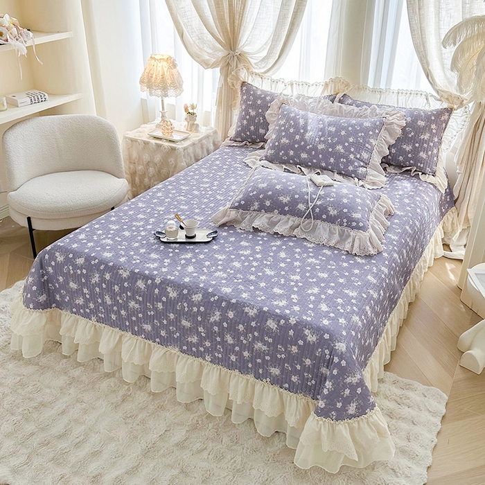 91家纺网 家纺一手货源 找家纺 罗艺轩 2025新款全棉印花花边床盖三件套 花之恋