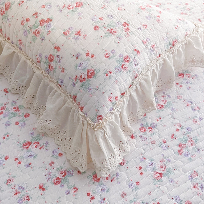 91家纺网 家纺一手货源 找家纺 罗艺轩 2025新款全棉印花花边床盖三件套 洛琳粉