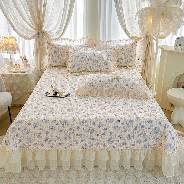 罗艺轩 2025新款全棉印花花边床盖三件套 绮丽花海-蓝紫