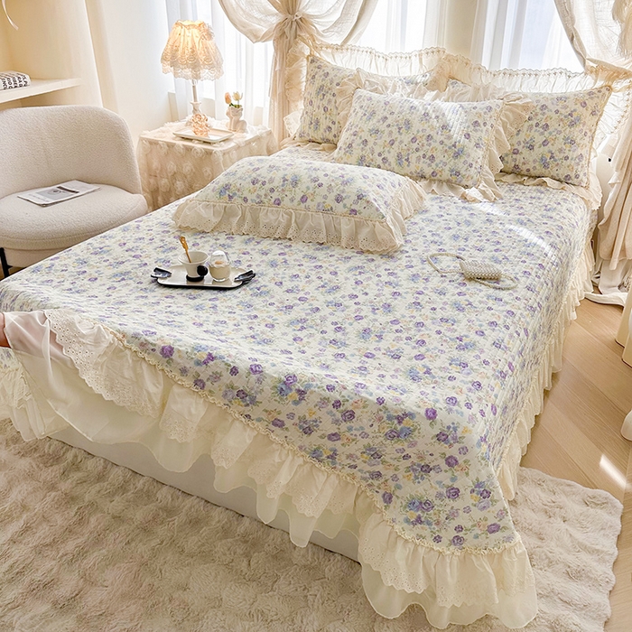 91家纺网 家纺一手货源 找家纺 罗艺轩 2025新款全棉印花花边床盖三件套 绮丽花海-蓝紫