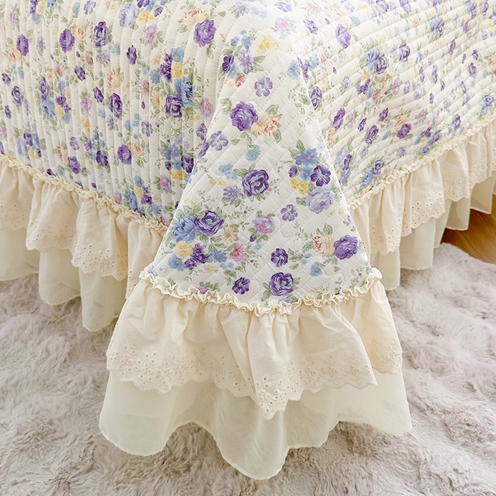 91家纺网 家纺一手货源 找家纺 罗艺轩 2025新款全棉印花花边床盖三件套 绮丽花海-蓝紫