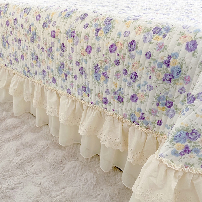 91家纺网 家纺一手货源 找家纺 罗艺轩 2025新款全棉印花花边床盖三件套 绮丽花海-蓝紫