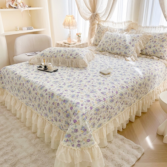 91家纺网 家纺一手货源 找家纺 罗艺轩 2025新款全棉印花花边床盖三件套 绮丽花海-蓝紫