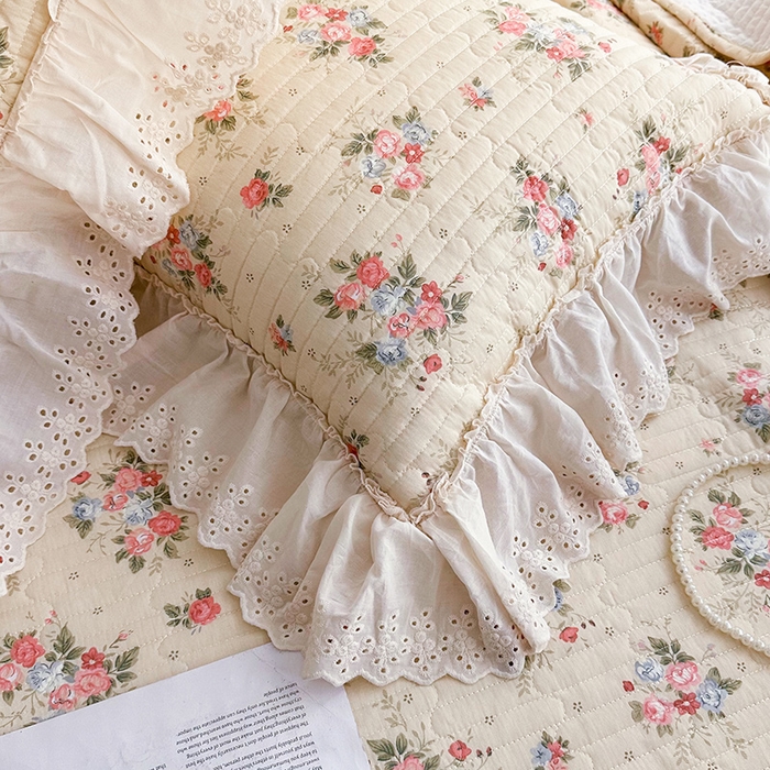 91家纺网 家纺一手货源 找家纺 罗艺轩 2025新款全棉印花花边床盖三件套 绮丽花海-香槟