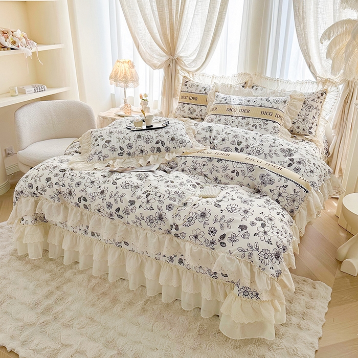 91家纺网 家纺一手货源 找家纺 罗艺轩 2025新款全棉印花花边床盖四件套 迪克奥莱