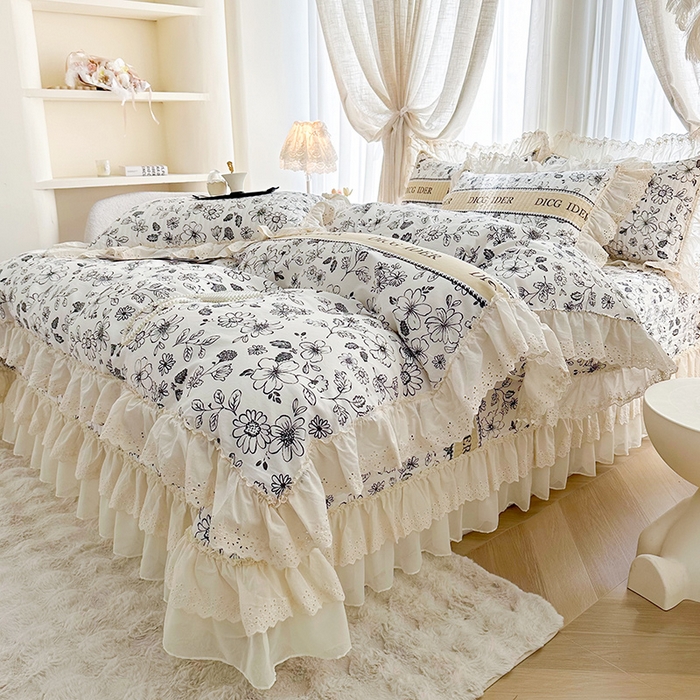 91家纺网 家纺一手货源 找家纺 罗艺轩 2025新款全棉印花花边床盖四件套 迪克奥莱