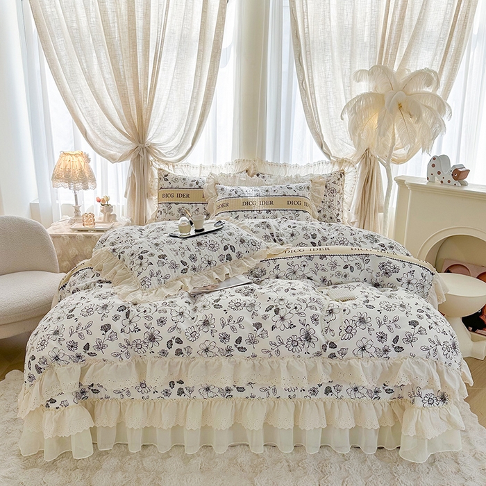 91家纺网 家纺一手货源 找家纺 罗艺轩 2025新款全棉印花花边床盖四件套 迪克奥莱