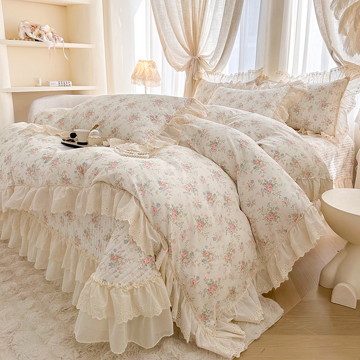 罗艺轩 2025新款全棉印花花边床盖四件套 瑰夏