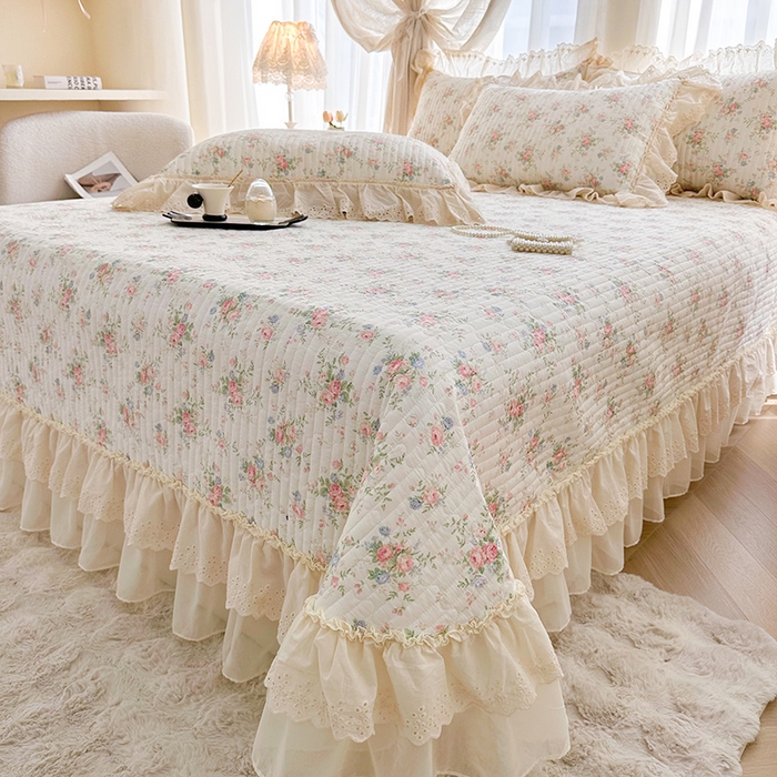 91家纺网 家纺一手货源 找家纺 罗艺轩 2025新款全棉印花花边床盖四件套 瑰夏