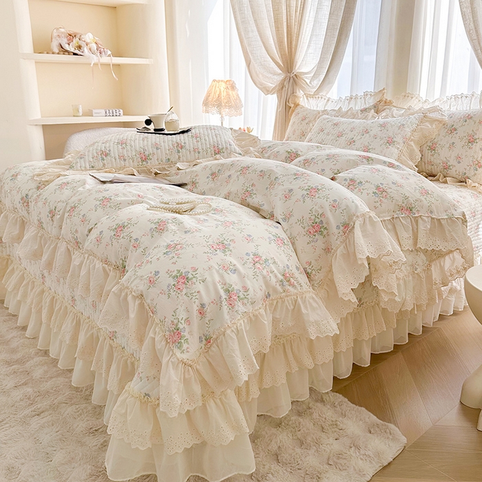 91家纺网 家纺一手货源 找家纺 罗艺轩 2025新款全棉印花花边床盖四件套 瑰夏