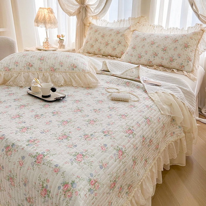 91家纺网 家纺一手货源 找家纺 罗艺轩 2025新款全棉印花花边床盖四件套 瑰夏