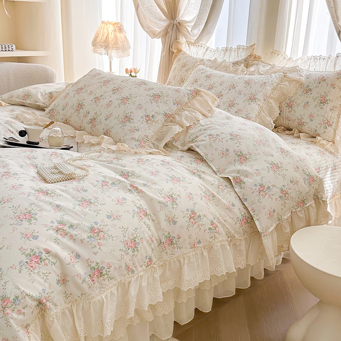 91家纺网 家纺一手货源 找家纺 罗艺轩 2025新款全棉印花花边床盖四件套 瑰夏