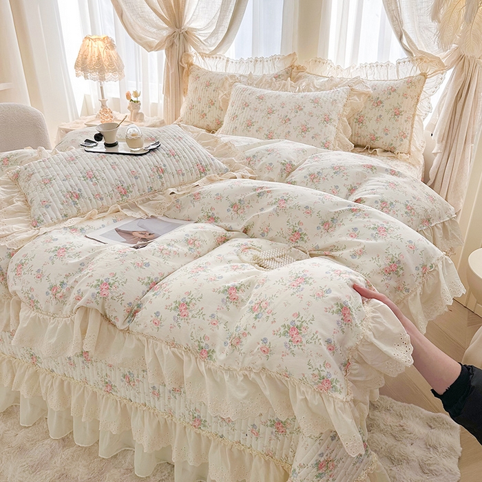 91家纺网 家纺一手货源 找家纺 罗艺轩 2025新款全棉印花花边床盖四件套 瑰夏