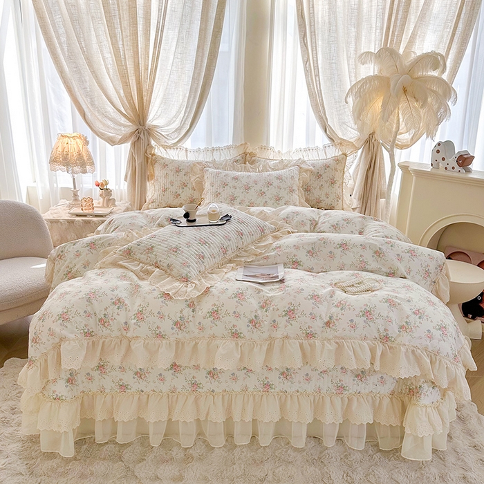 91家纺网 家纺一手货源 找家纺 罗艺轩 2025新款全棉印花花边床盖四件套 瑰夏