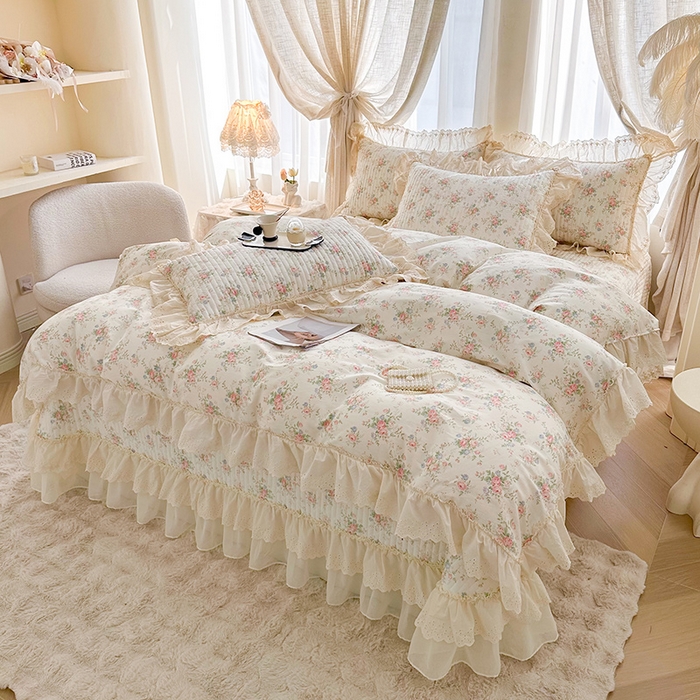 91家纺网 家纺一手货源 找家纺 罗艺轩 2025新款全棉印花花边床盖四件套 瑰夏