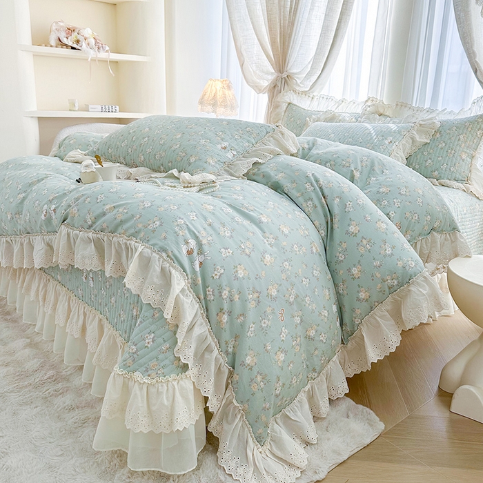罗艺轩 2025新款全棉印花花边床盖四件套 花蜜-绿