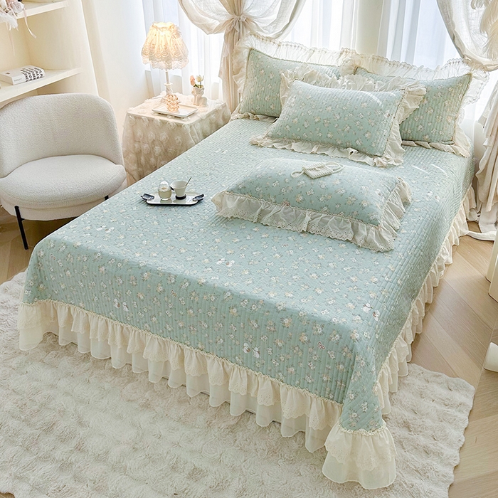 91家纺网 家纺一手货源 找家纺 罗艺轩 2025新款全棉印花花边床盖四件套 花蜜-绿