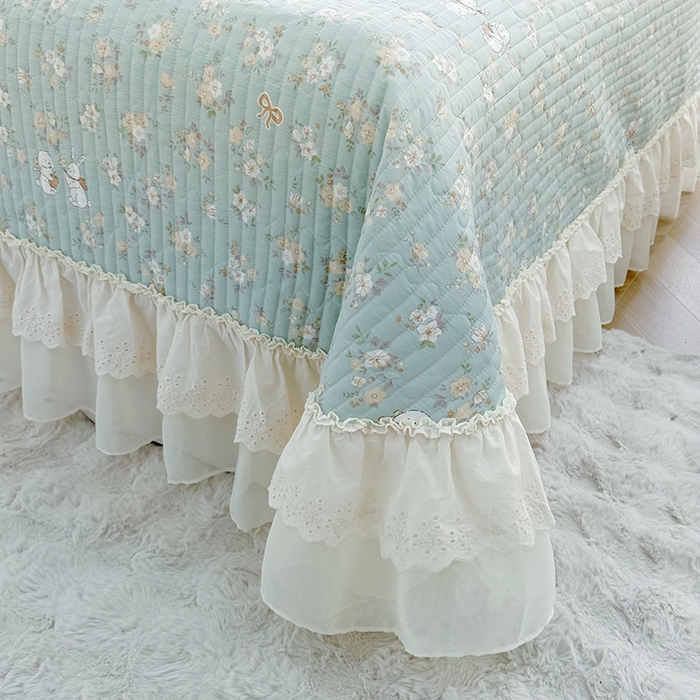 91家纺网 家纺一手货源 找家纺 罗艺轩 2025新款全棉印花花边床盖四件套 花蜜-绿