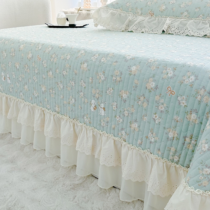 91家纺网 家纺一手货源 找家纺 罗艺轩 2025新款全棉印花花边床盖四件套 花蜜-绿