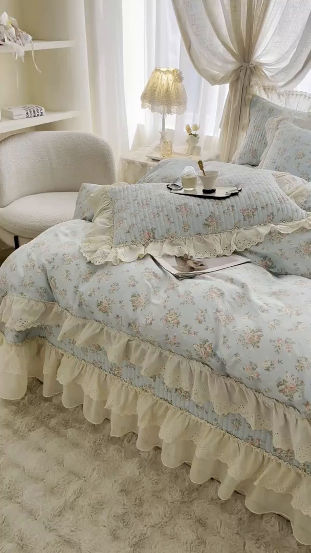 91家纺网 家纺一手货源 找家纺 罗艺轩 2025新款全棉印花花边床盖三件套 幽幽暗香