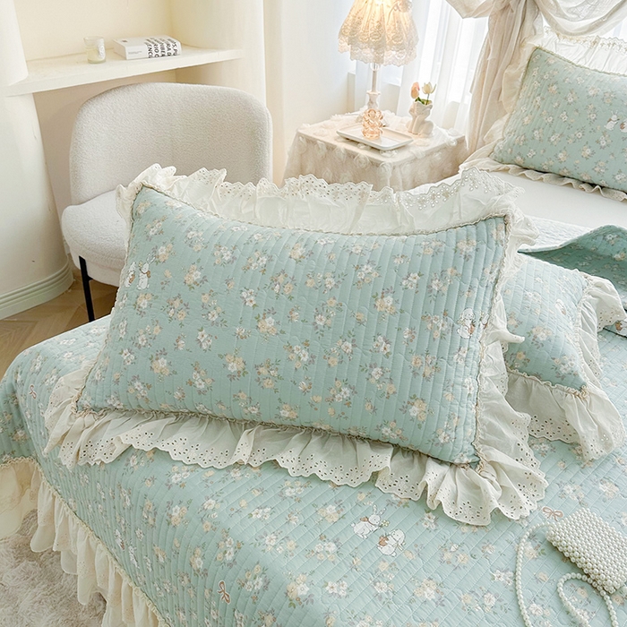 91家纺网 家纺一手货源 找家纺 罗艺轩 2025新款全棉印花花边床盖四件套 花蜜-绿