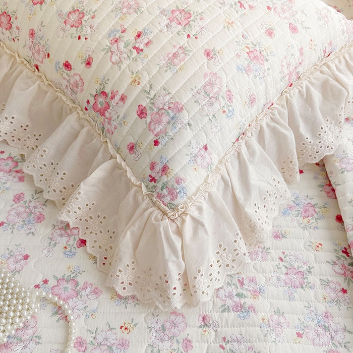 91家纺网 家纺一手货源 找家纺 罗艺轩 2025新款全棉印花花边床盖三件套 语曼-粉