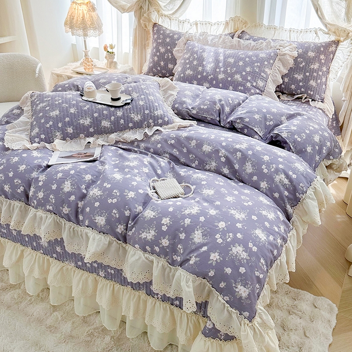 91家纺网 家纺一手货源 找家纺 罗艺轩 2025新款全棉印花花边床盖四件套 花之恋