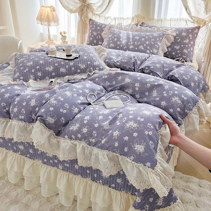 91家纺网 家纺一手货源 找家纺 罗艺轩 2025新款全棉印花花边床盖四件套 花之恋