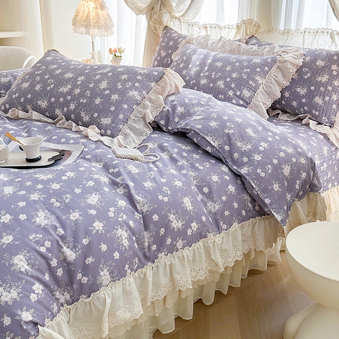 91家纺网 家纺一手货源 找家纺 罗艺轩 2025新款全棉印花花边床盖四件套 花之恋