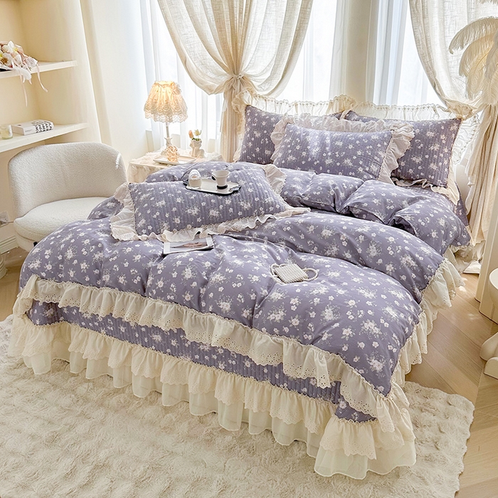 91家纺网 家纺一手货源 找家纺 罗艺轩 2025新款全棉印花花边床盖四件套 花之恋