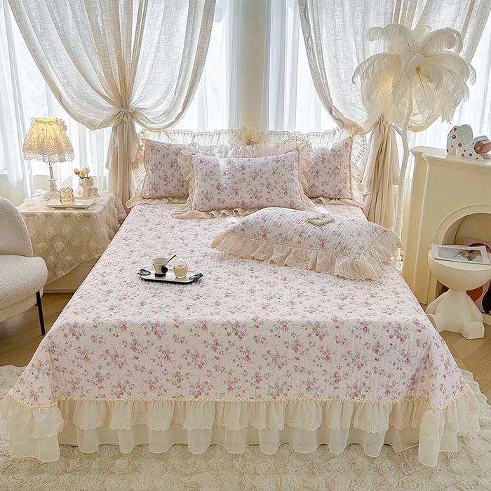 91家纺网 家纺一手货源 找家纺 罗艺轩 2025新款全棉印花花边床盖四件套 洛琳粉