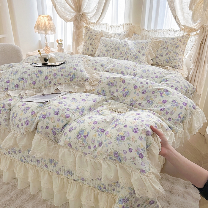 91家纺网 家纺一手货源 找家纺 罗艺轩 2025新款全棉印花花边床盖四件套 绮丽花海-蓝紫