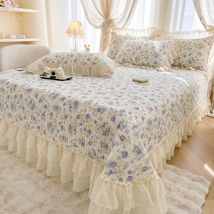 91家纺网 家纺一手货源 找家纺 罗艺轩 2025新款全棉印花花边床盖四件套 绮丽花海-蓝紫