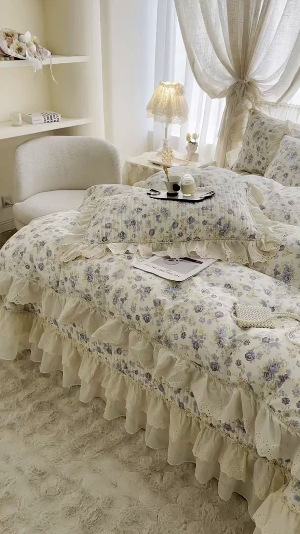 91家纺网 家纺一手货源 找家纺 罗艺轩 2025新款全棉印花花边床盖四件套 绮丽花海-蓝紫