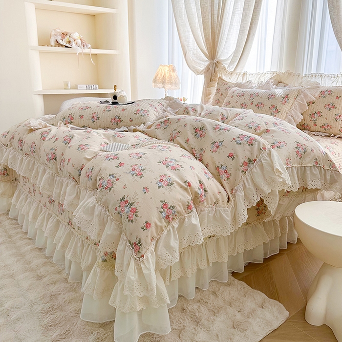 91家纺网 家纺一手货源 找家纺 罗艺轩 2025新款全棉印花花边床盖四件套 绮丽花海-香槟