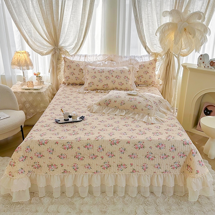91家纺网 家纺一手货源 找家纺 罗艺轩 2025新款全棉印花花边床盖四件套 绮丽花海-香槟
