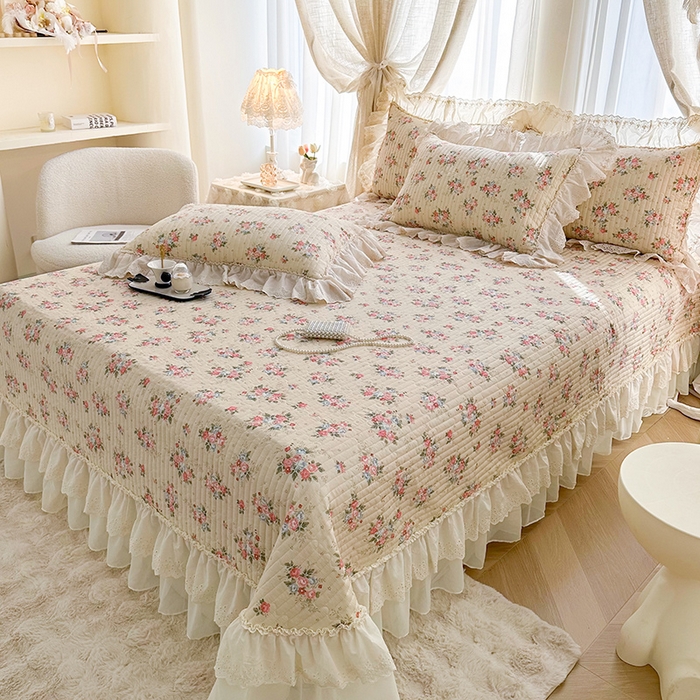 91家纺网 家纺一手货源 找家纺 罗艺轩 2025新款全棉印花花边床盖四件套 绮丽花海-香槟