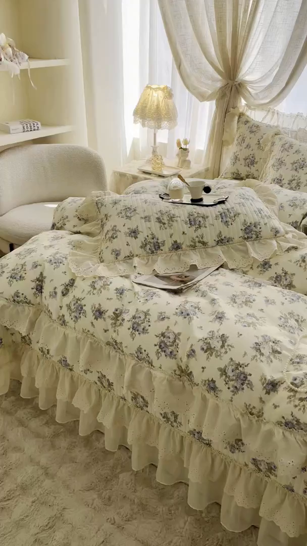 91家纺网 家纺一手货源 找家纺 罗艺轩 2025新款全棉印花花边床盖四件套 芊寻花语