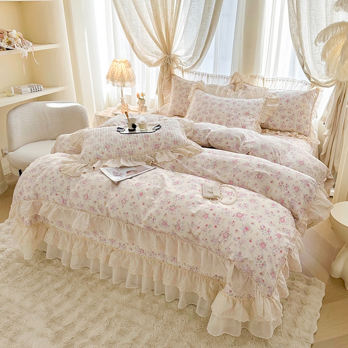 91家纺网 家纺一手货源 找家纺 罗艺轩 2025新款全棉印花花边床盖四件套 语曼-粉