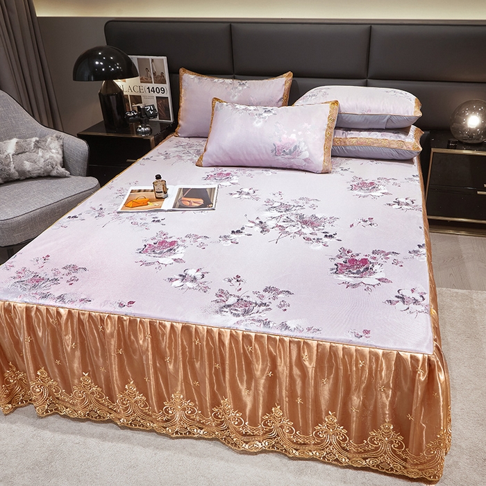 91家纺网 家纺一手货源 找家纺 罗艺轩 2025新款欧式色织大提花床裙凉席 紫萱