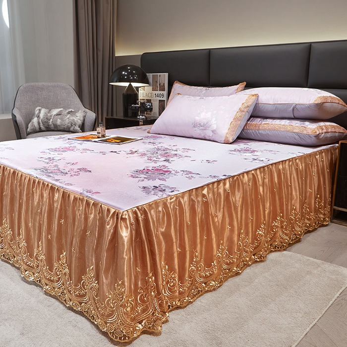 91家纺网 家纺一手货源 找家纺 罗艺轩 2025新款欧式色织大提花床裙凉席 紫萱