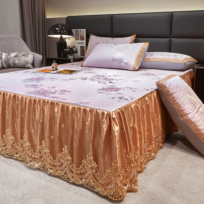 91家纺网 家纺一手货源 找家纺 罗艺轩 2025新款欧式色织大提花床裙凉席 紫萱