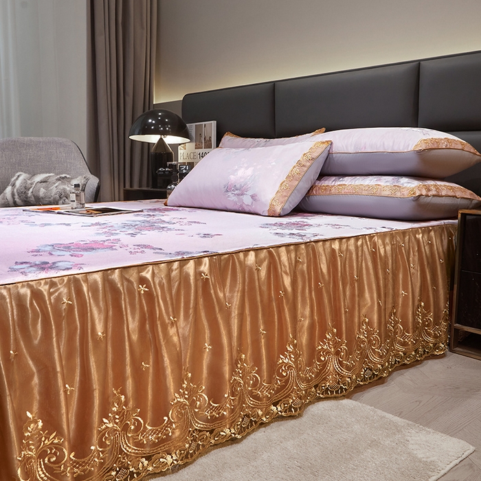 91家纺网 家纺一手货源 找家纺 罗艺轩 2025新款欧式色织大提花床裙凉席 紫萱