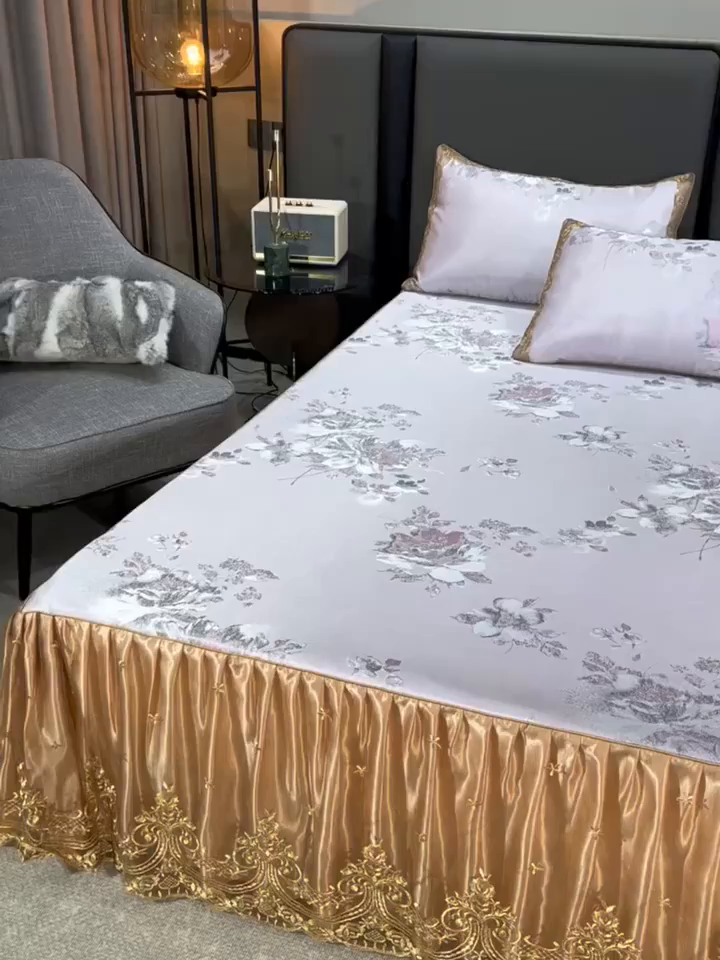 91家纺网 家纺一手货源 找家纺 罗艺轩 2025新款欧式色织大提花床裙凉席 紫萱