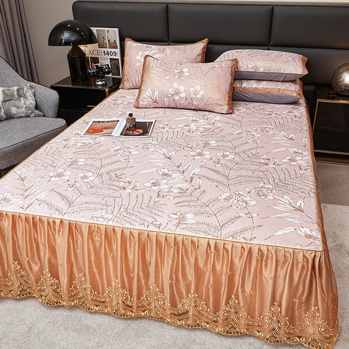 91家纺网 家纺一手货源 找家纺 罗艺轩 2025新款欧式色织大提花床裙凉席 春语