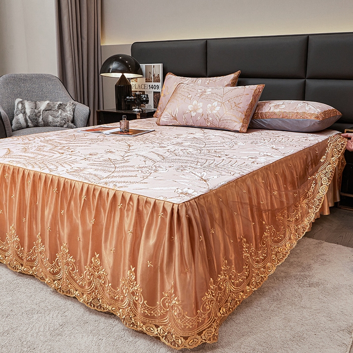 91家纺网 家纺一手货源 找家纺 罗艺轩 2025新款欧式色织大提花床裙凉席 春语