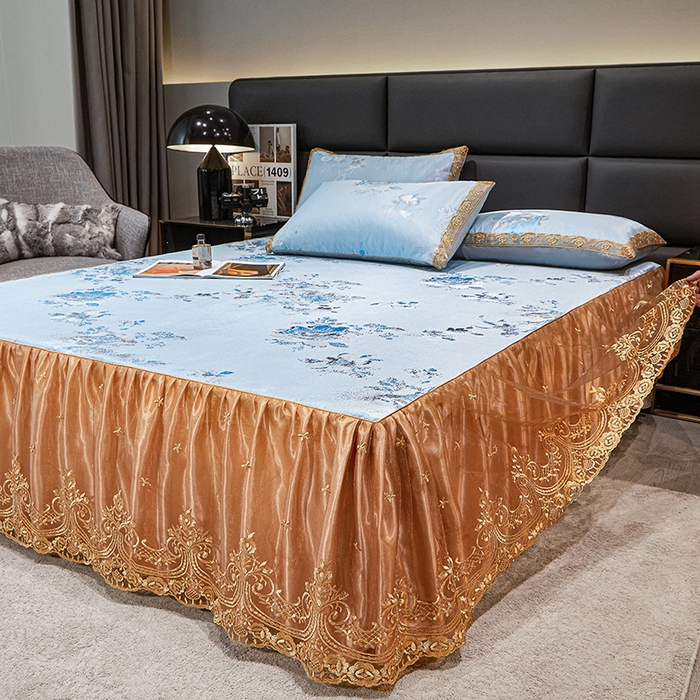 91家纺网 家纺一手货源 找家纺 罗艺轩 2025新款欧式色织大提花床裙凉席 情依